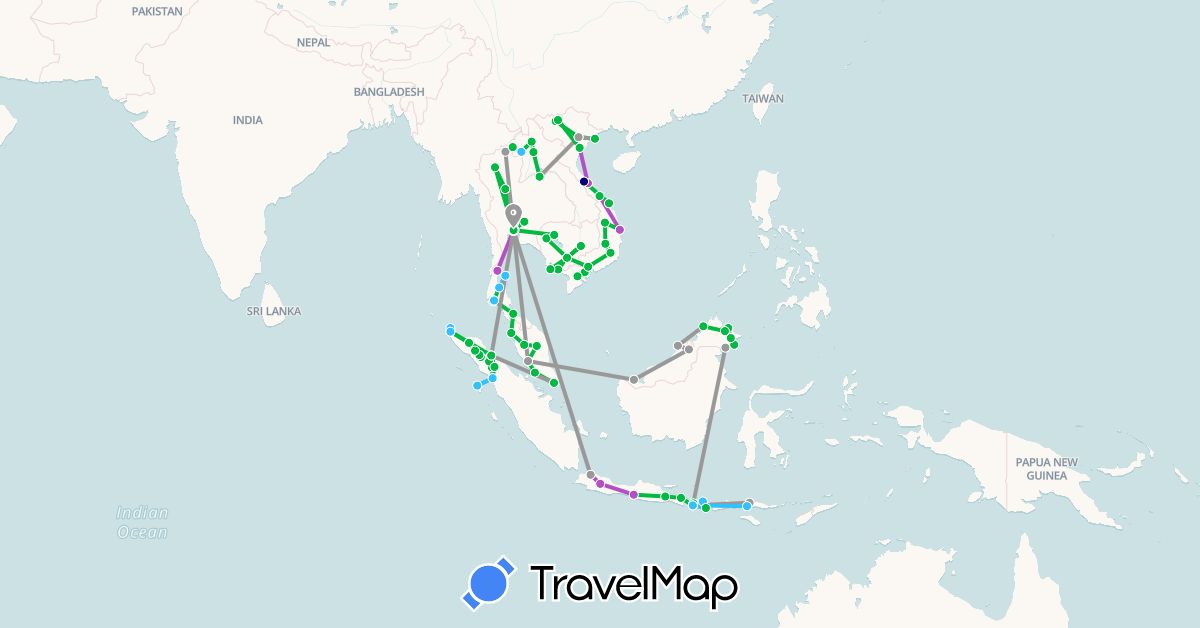 TravelMap itinerary: driving, bus, plane, train, boat in Indonesia, Cambodia, Laos, Malaysia, Singapore, Thailand, Vietnam (Asia)